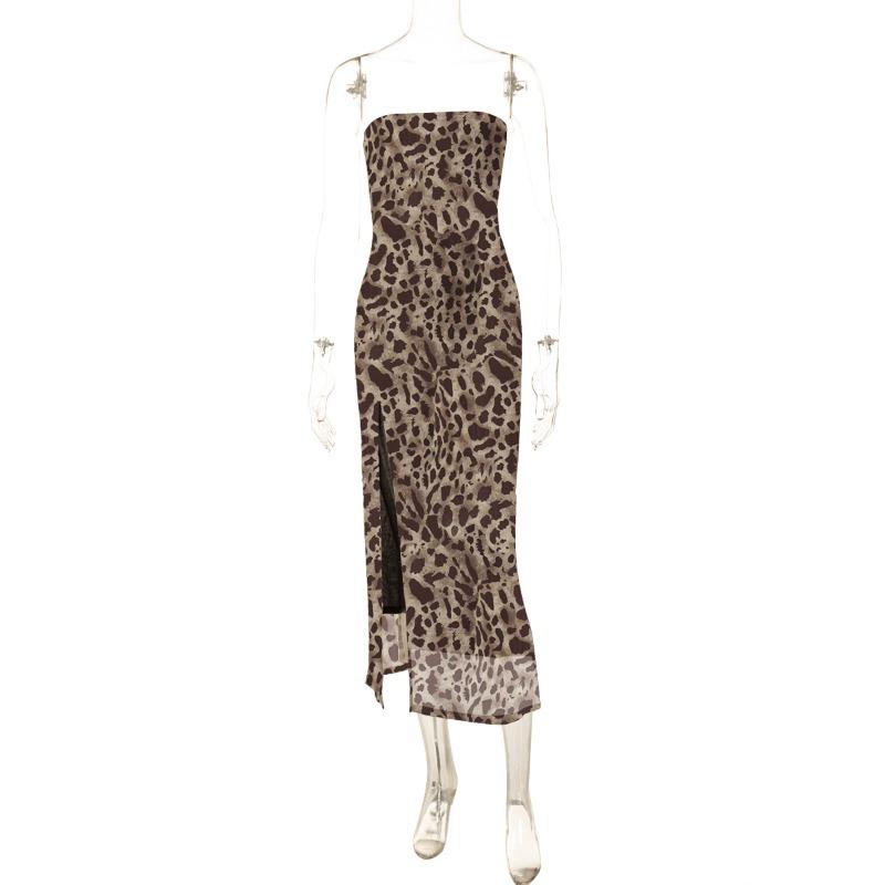 Women's Summer Leopard Print Sexy Strapless One Neck Side Slit Evening Dresses