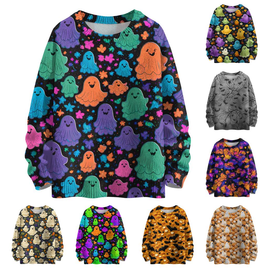 Ladies' Fashionable Casual Long Sleeved Halloween Printed Round Neck Knitted Yarn