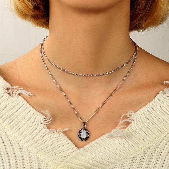 Vintage Waterdrop Shaped Opal Pendant Double Layer Necklace Choker Women Jewelry