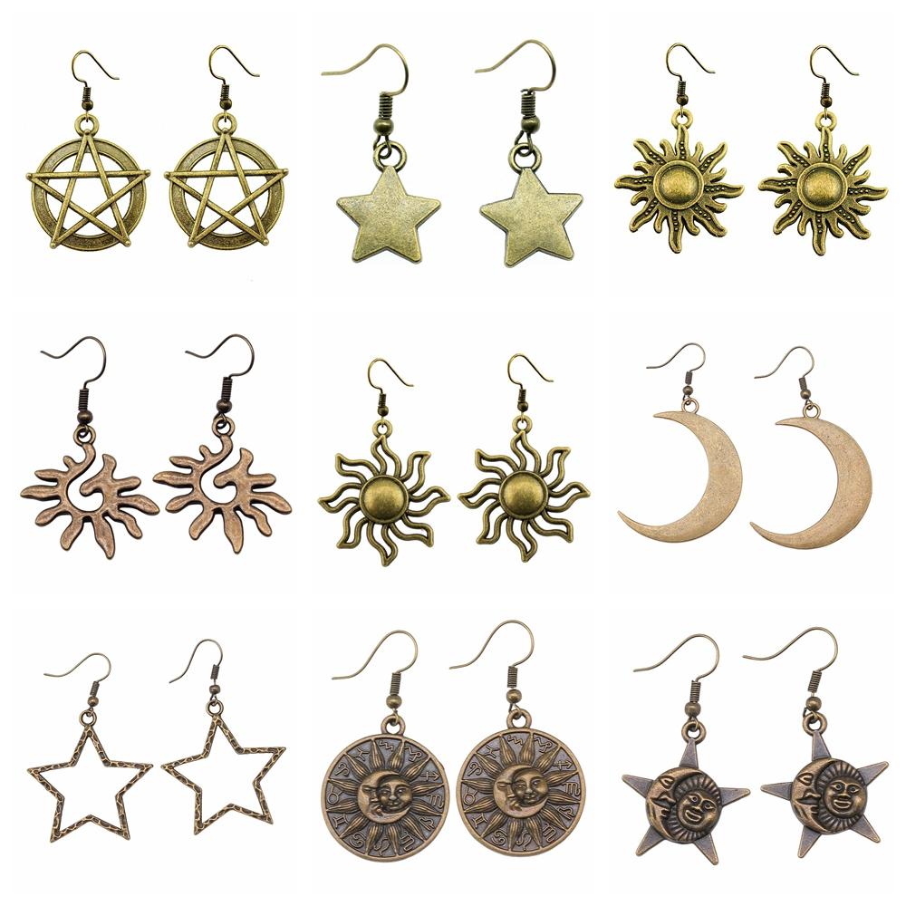 25 Styles Vintage Antique Bronze Plated Moon Sun Star Dangle Drop Earrings For Women Inspired Statement Wiccan Jewelry Gift