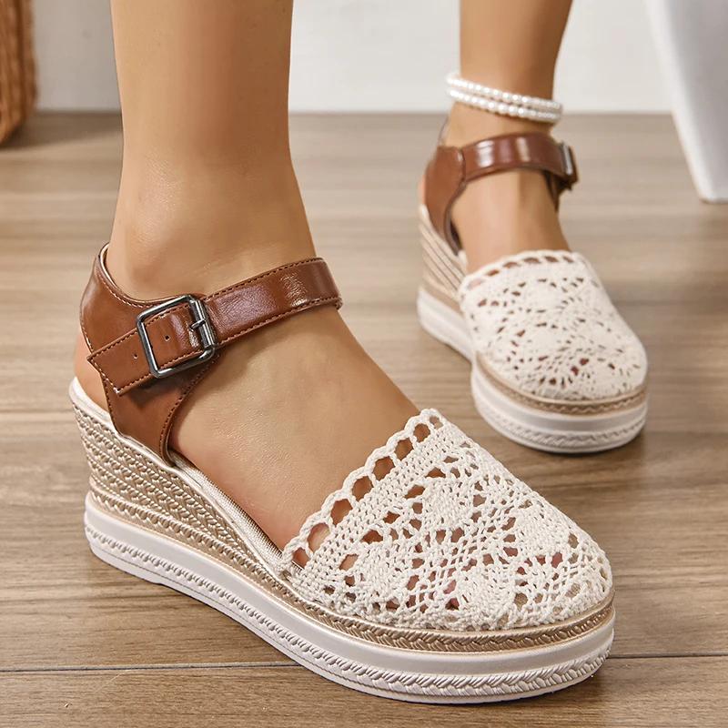 

Модные эспадрильи на танкетке для женщин, летние сандалии на платформе с закрытым носком и вырезами, женские сандалии на толстой подошве с ремешком на пряжке 43 бежевый