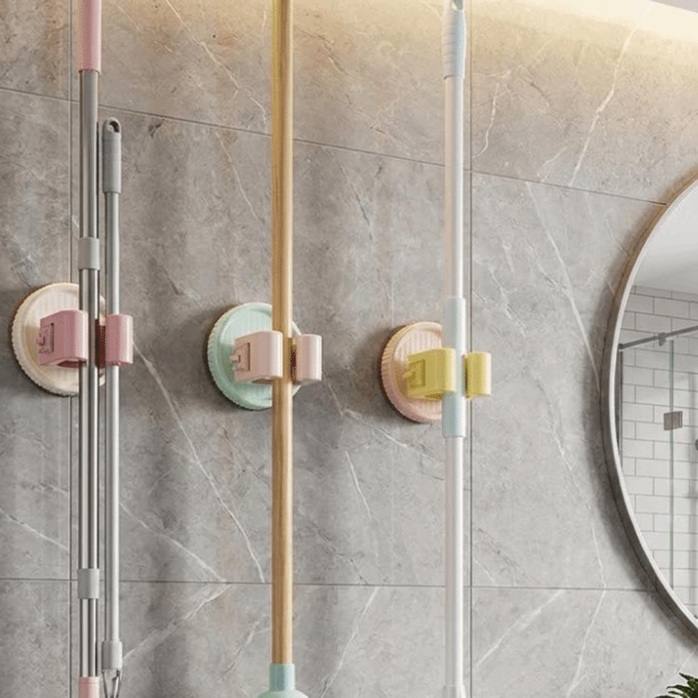 3PCS Practical Plastic Suction Cup Mop Holder Wall Mounted Space Saving Mop Storage Rack Waterproof Broom Hanger for Kitchen
