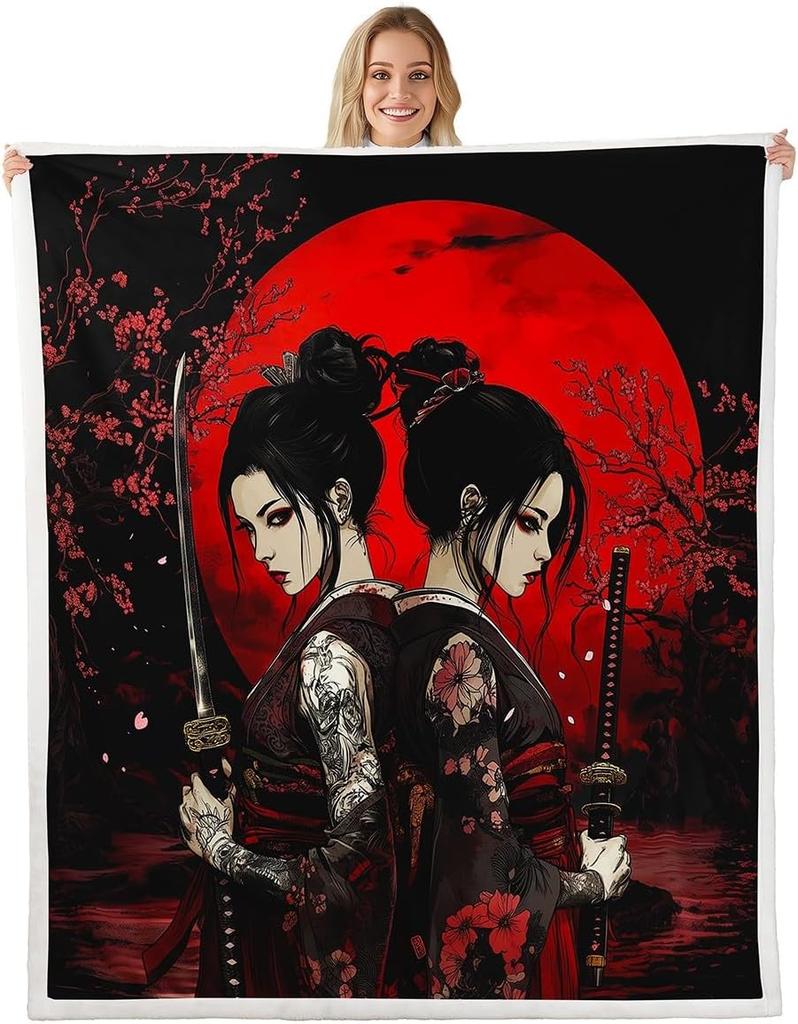 Japanisches Geisha-Mädchen ÜberwurfdeckeRosa Lila Blumenmuster DeckenMond Sternenhimmel Nacht Fleece Decke für Kinder Mädchen Frau Erwachsenen