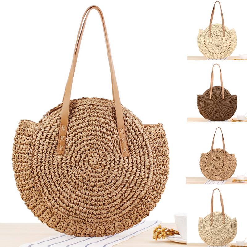 Women Boho Woven Handbag Summer Beach Tote Straw Bag Round Rattan Shoulder Bag