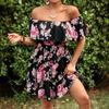 Summer Elegant Women's Floral Print Holiday One-line Neckline Off-the-shoulder Dress