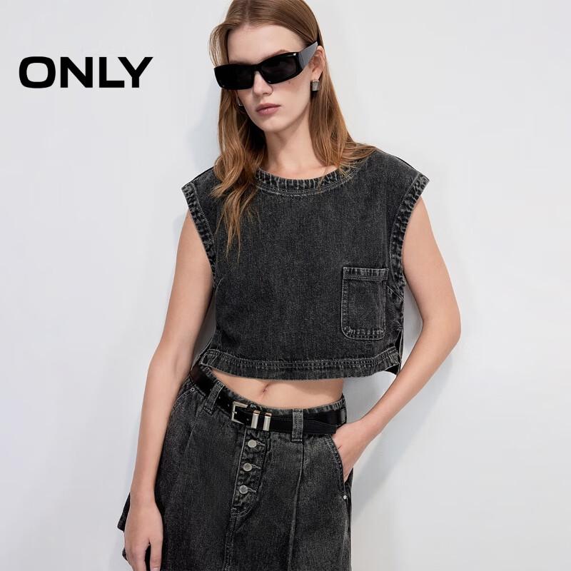 ONLY Women's Distressed Washed Sleeveless Cropped Denim T-shirt