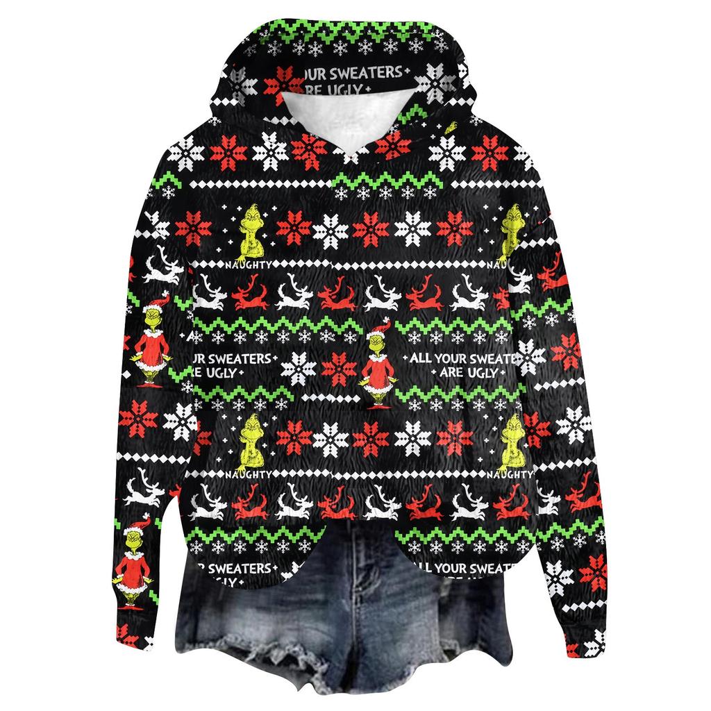 Women's Hooded Long Sleeve Christmas Printed Flannel Top Hooded Sweatshirt