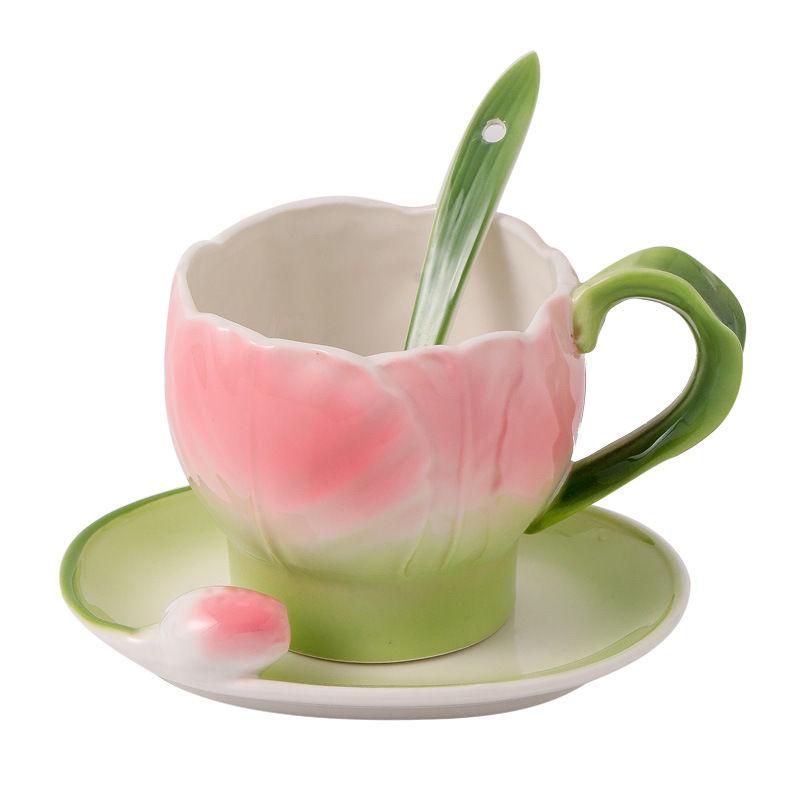 French Color Ceramic Coffee Mug Saucer Spoon Creative Tulip Perfume Cup Three-Dimensional Flower Afternoon Camellia Tea Cup Gift