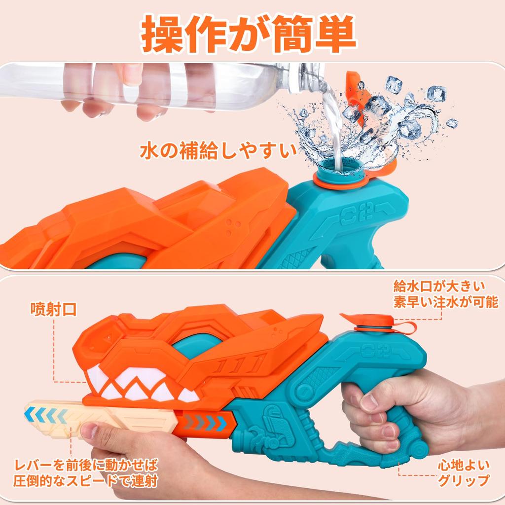 Yangtomo Water Guns, Set of 2, Powerful, Kids' Water Toy with a 10m Projectile Distance, Pressurized, Large Capacity (600ml), Dinosaur Water Gun, Wate