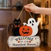 Solid Wood Craft Gift Halloween Welcome Door Sign, Pumpkin Ghost Black Cat Hanging Decor for Wooden Sign Front Door, Rustic Farmhouse Wall Art Indoor