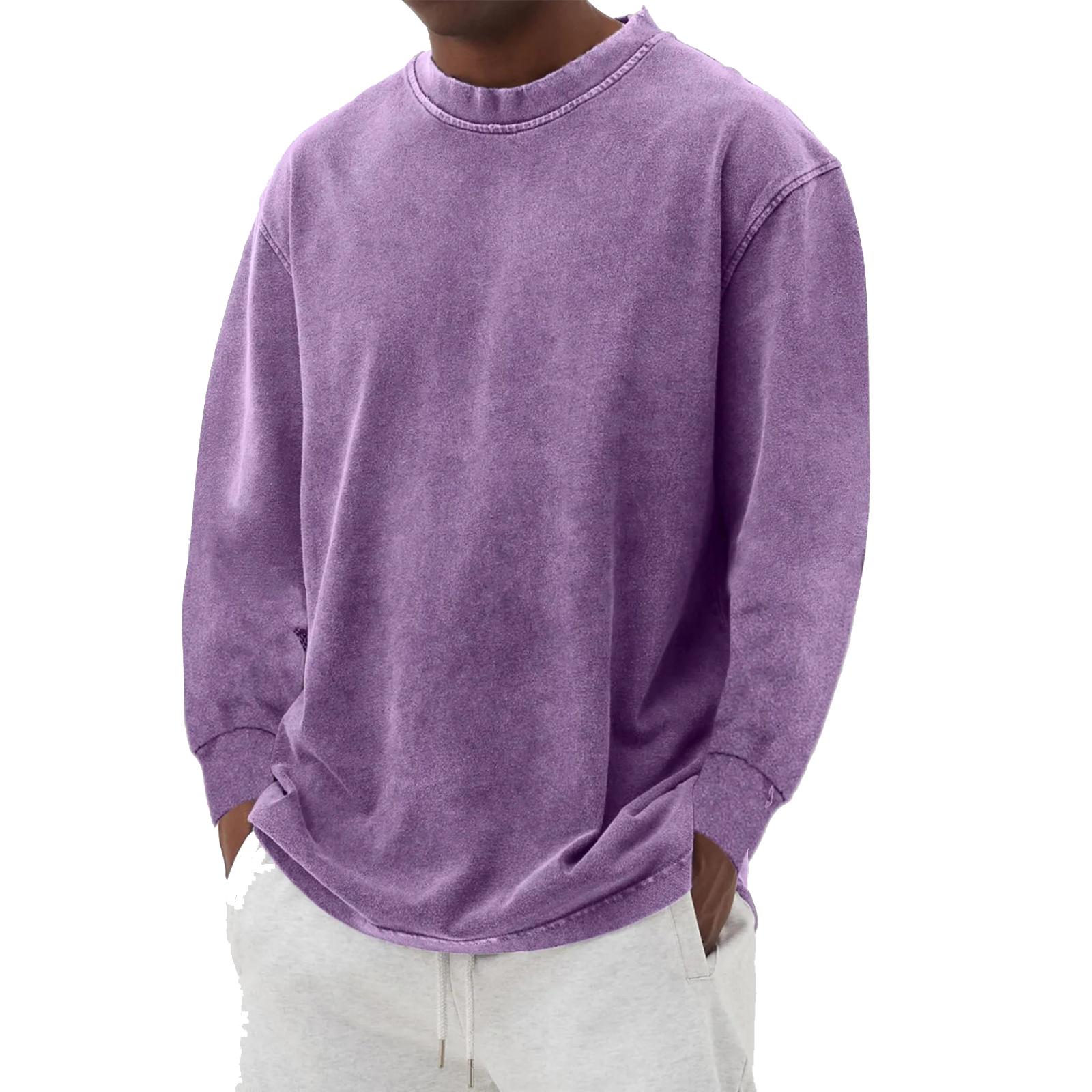 

Мужской и женский повседневный топ из хлопка с высоким весом, выстиранный, с эффектом потертости, с длинными рукавами, мужской, с открытыми плечами, в стиле ретро, свободного кроя, с круглым вырезом XL фиолетовый