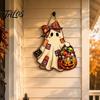 Indoor Entrance Hanger Halloween Cute Bow Ghost Door Sign, Wooden Patchwork Hanging Plaque with Pumpkin Candy Basket, Outdoor Porch Decor Retro
