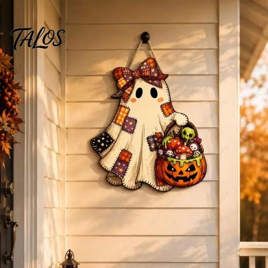 Indoor Entrance Hanger Halloween Cute Bow Ghost Door Sign, Wooden Patchwork Hanging Plaque with Pumpkin Candy Basket, Outdoor Porch Decor Retro
