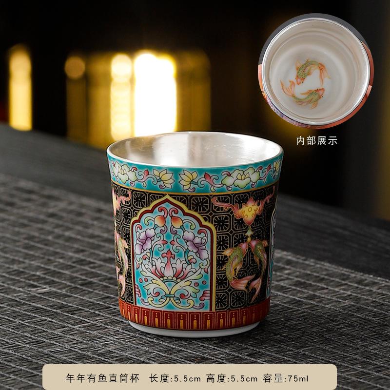 

NEW Pure Silver Tea Master Light Luxury Ceramic Tasting Household Enamel Color Single Cup Gift Box Set