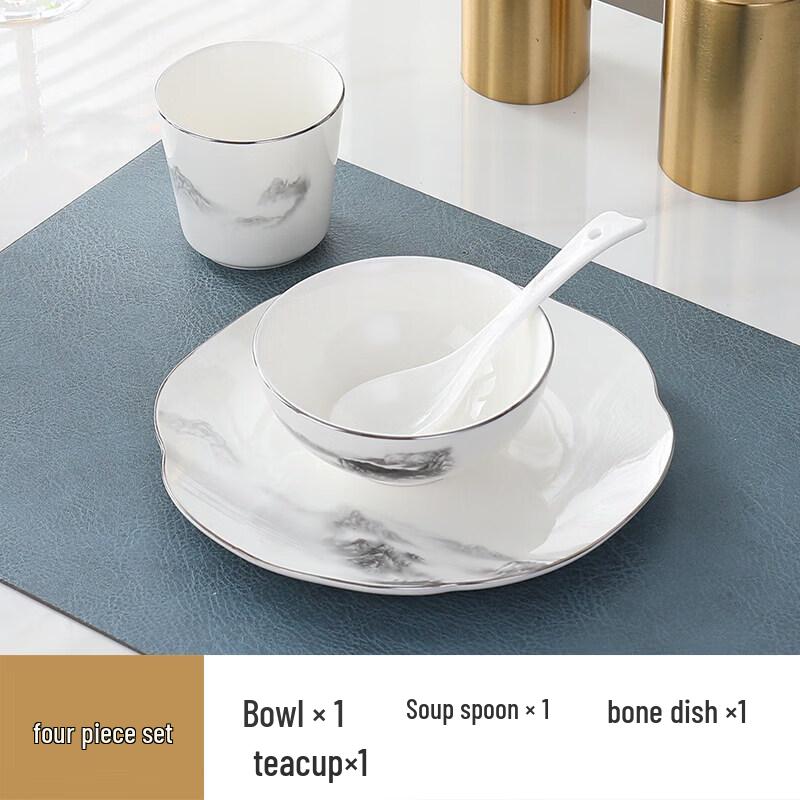 Handmade Chinese Ceramic Dining Set - Ten Thousand Mountains Ruyi Silver Trim
