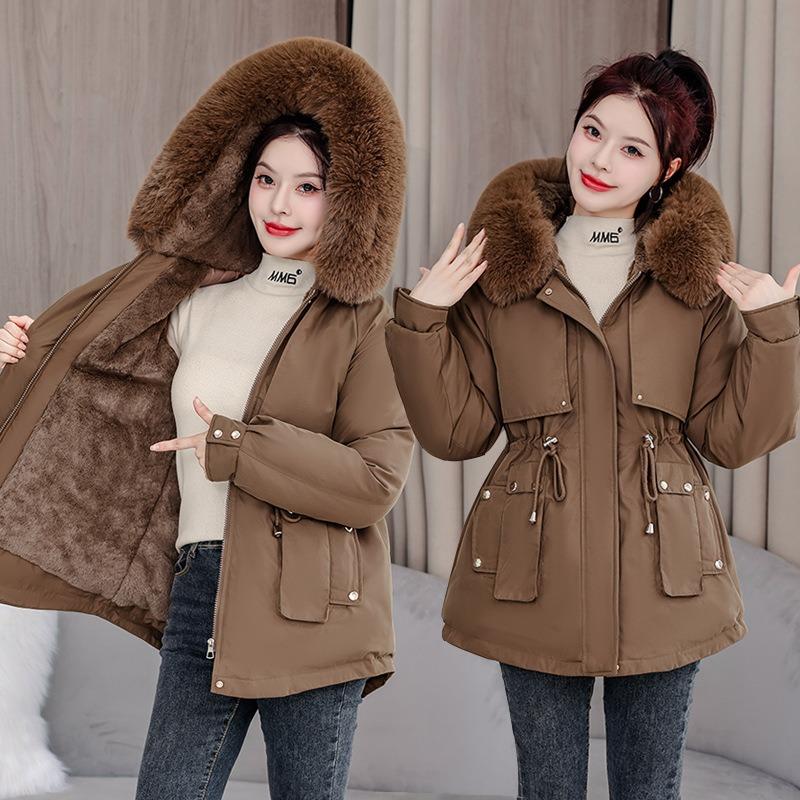 Pie Overcomes Women's Winter New Waist Skinny Hooded Big Fur Collar Plush Padded Jacket Short Jacket Padded Jacket