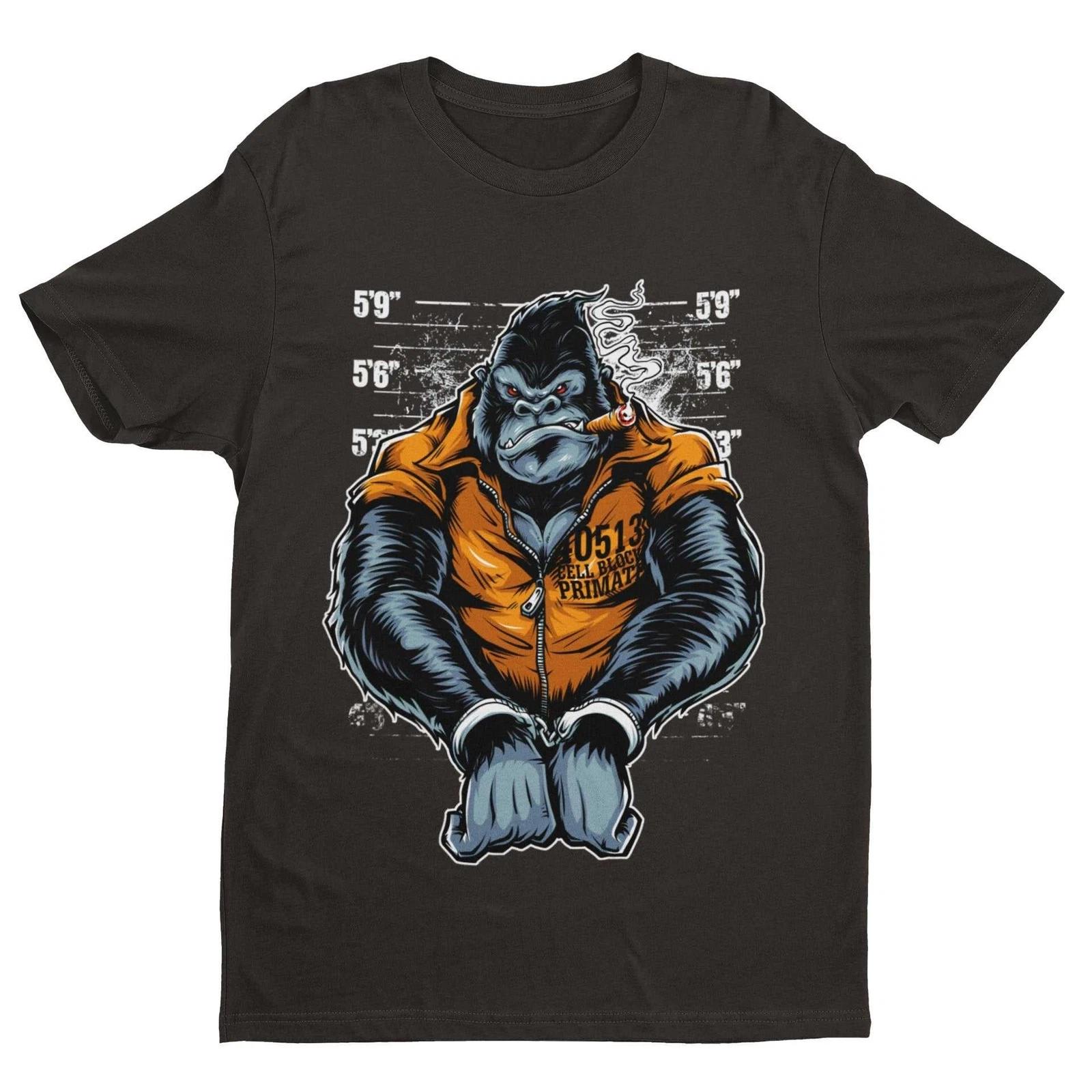 Cell Block Primate Funny T Shirt Ape Gorilla Mugshot Handcuffs Smoking Cigar L