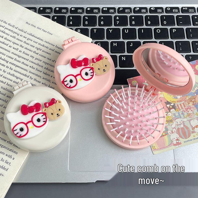 Cartoon KT Cat Folding Comb and Mirror - Portable Mini Air Cushion Massage Comb for Women's Hairstyling