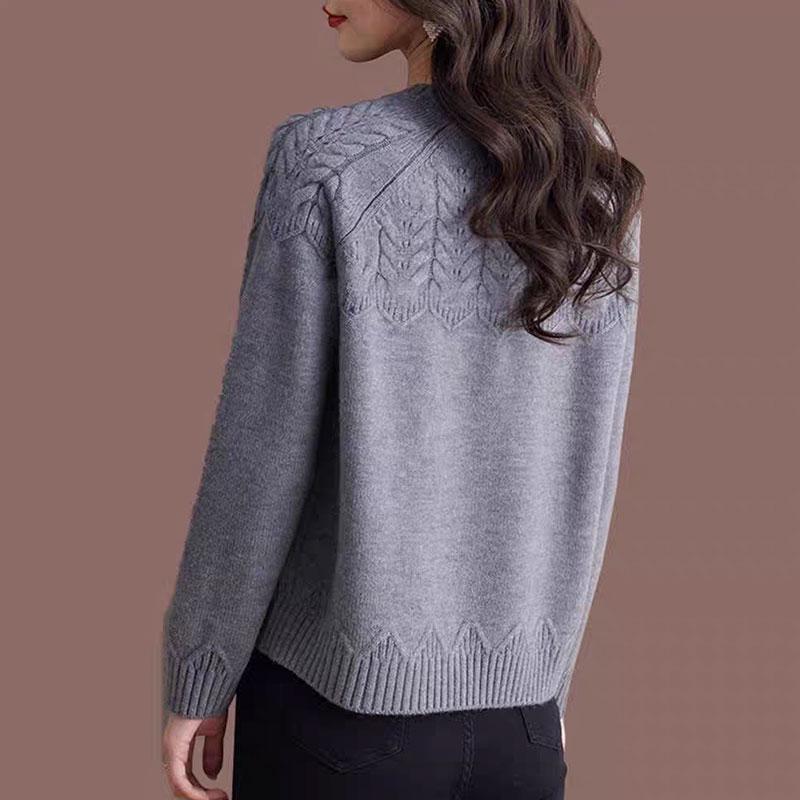 Women's Jacquard Knit Red Sweater Coat - Autumn 2025 Loose Round Neck Cardigan