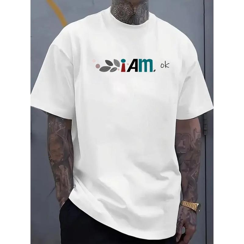 

European sizes IAm OK Men Minimalist T-Shirt - Breathable Short Sleeve Crew Neck Tee with Subtle Print, Round Neck Casual Shirt Suitable S белый