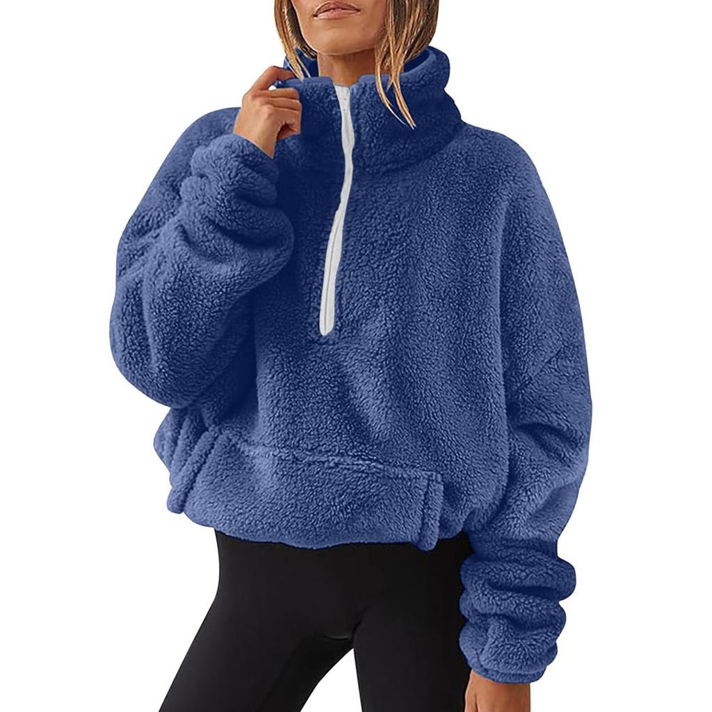 Women's Fashion Solid-Color Fleece-Lined Stand-Up Collar Long-Sleeve Hoodie Casual Top