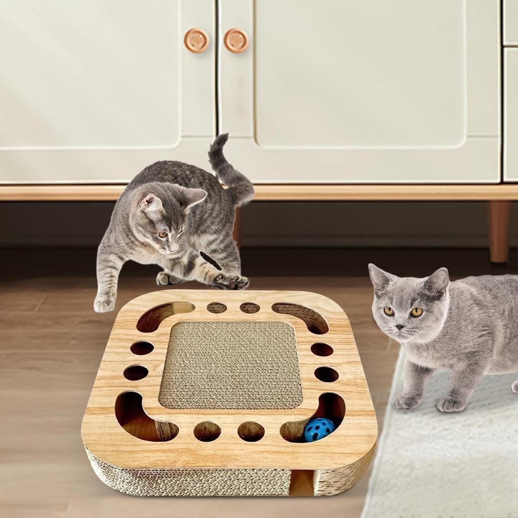 Cat Scratch Pad Cardboard Scratcher Interactive Pet Scratch Toy with 2 Bell Balls Track for Indoor Play Protecting Furniture