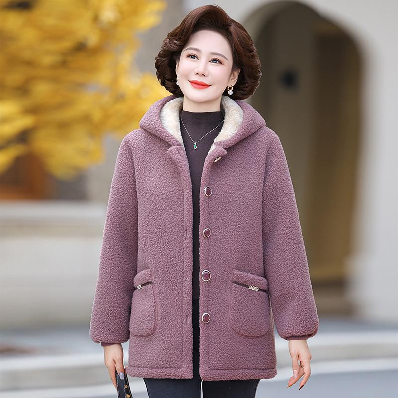

Mom s Autumn/Winter Lambswool Hooded Jacket for Women, Plush Velvet, Thickened Warm Cotton for Middle-Aged & Elderly, Textured Velvet 4XL: 135-150 jin