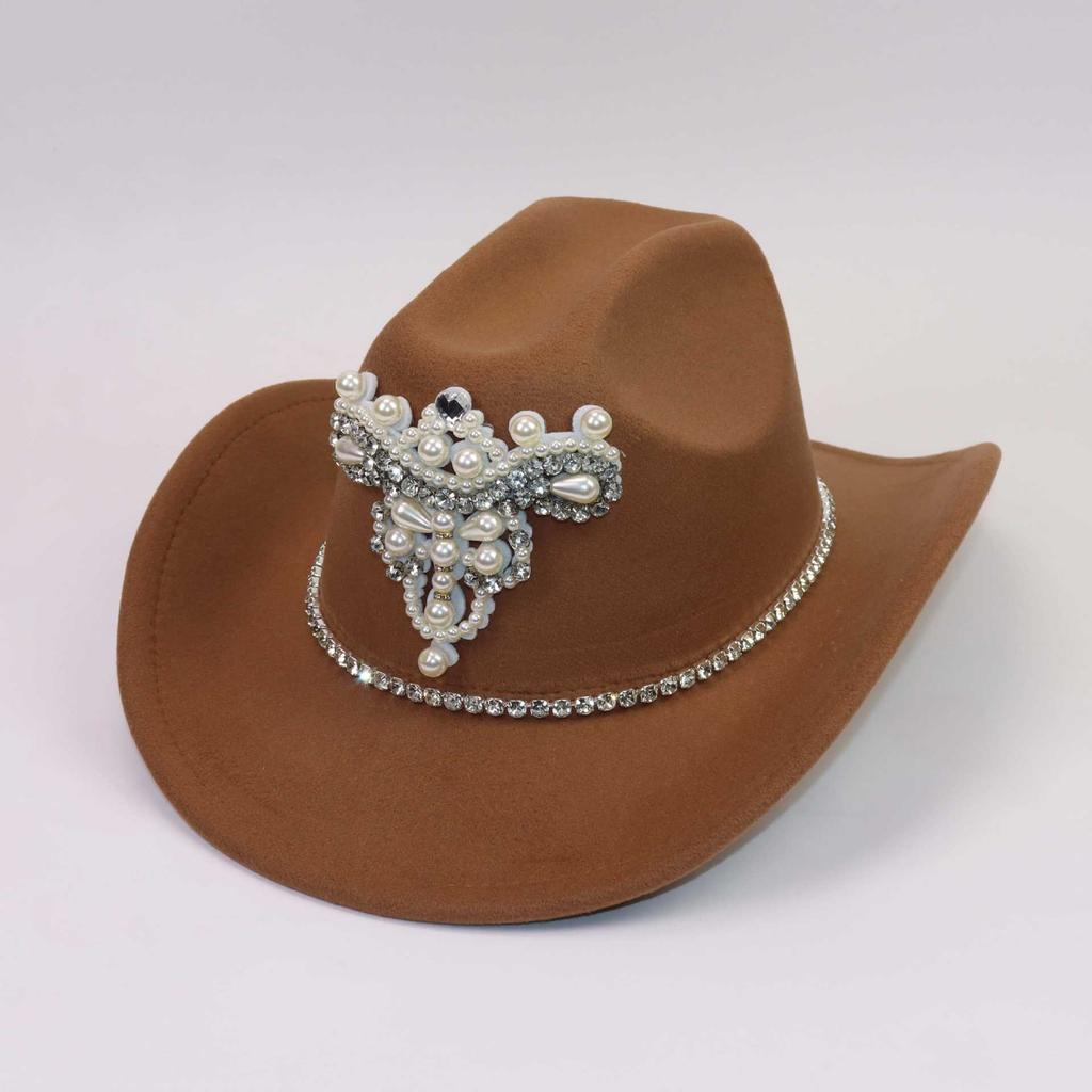 European and American big pearl rhinestone bright diamond western cowboy top hat men and women travel party casual jazz hat felt hat