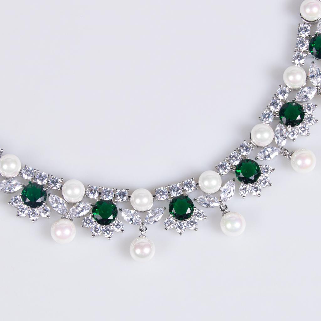 Nuevo glamour de lujo deslumbrante perla circonita conjunto de joyería para mujer collar pendientes regalo para fiesta boda graduación vestido M-361