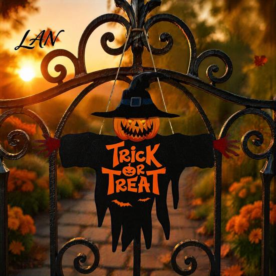 Halloween Window Decoration Wooden Hanging Door Sign, Scarecrow Pumpkin Wizard Ornament, Trick or Autumn Holiday Wall Decor Treat Plaque, Rustic Party