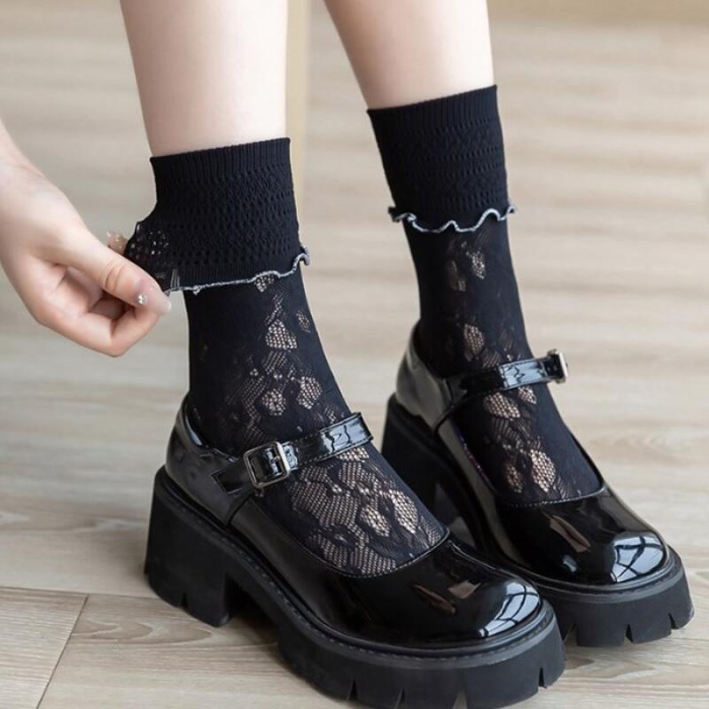 Women s Frill Floral Stockings Stretchy Socks black