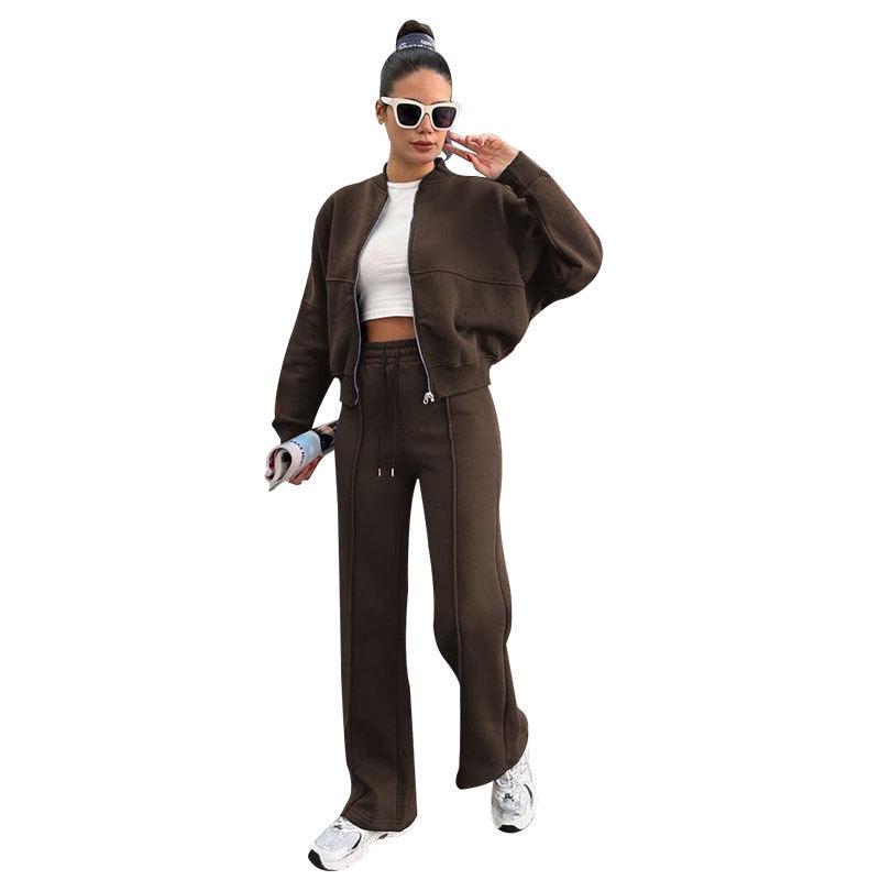 Autumn/Winter Women's Fleece-Lined Zipper Cardigan & Solid Color Straight-Leg Pants Set