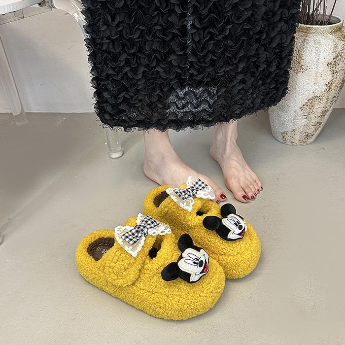 Cute Cartoon Mickey Non-slip and Versatile One-word Fluffy Slippers Women's 2025 Autumn and Winter New Thick-bottomed Warm Cotton Slippers