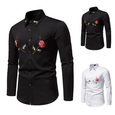 Fashion Men's Casual Shirt Men's Fitted Rose Embroidered Casual Long Sleeve Shirt