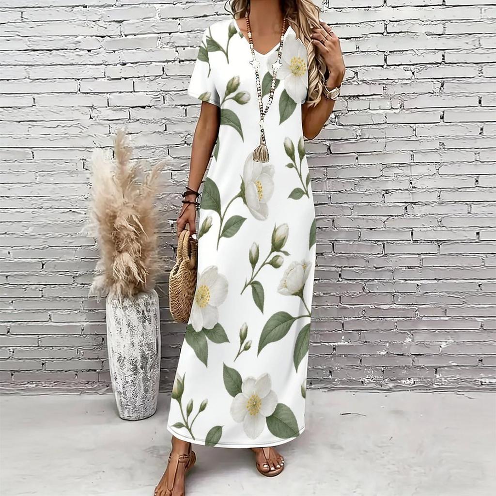 Women Plus Size V Neck Short Sleeve Floral Printed White Maxi Dress