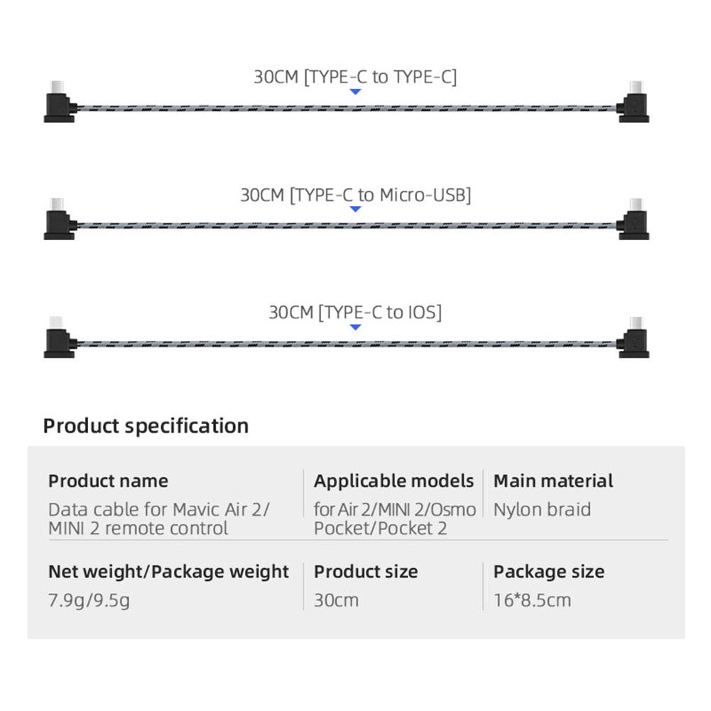 30cm Tablet Phone Extend Cable Drone Accessories Nylon Braided Remote Controller OTG Data Cable for DJI Mini 2 Mavic Air 2