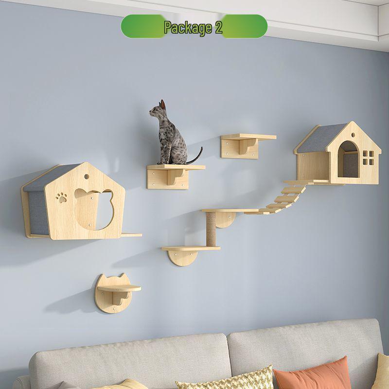 Wall-Mounted Solid Wood Cat Climbing Frame with Bed, Jumping Platform, and Scratching Post