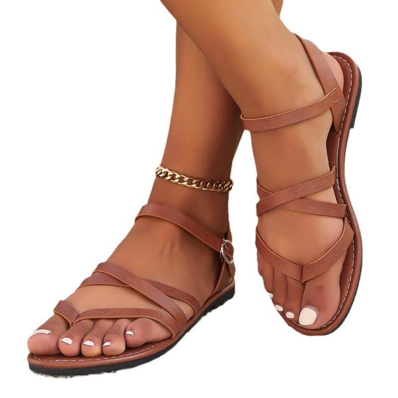 New large-size women's shoes with toe buckle flat bottom cross belt beach women's shoes nal