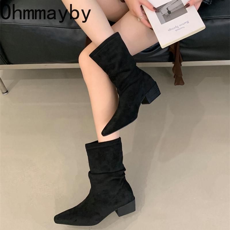Vintage Pleated Woman Ankle Boots Autumn Winter Pointed Toe Slim Short Booties Fashion Square Heels Shoes