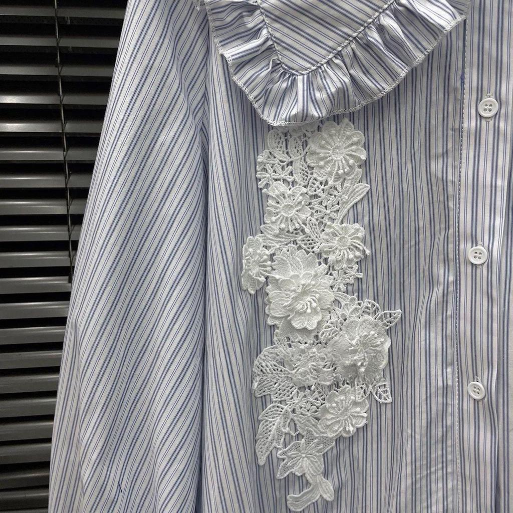 2026 Spring Women's Striped Sailor Collar Shirt Dress with Lace