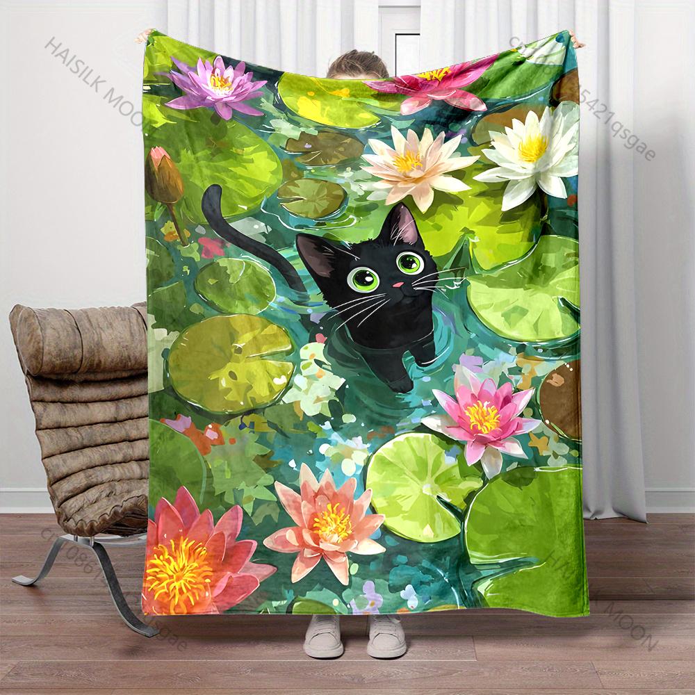 Multiple sizes Black cat in lily pond Blanket Suitable for Home Bedroom Sofa Travel Camping Blanket Various Sizes for Gifts