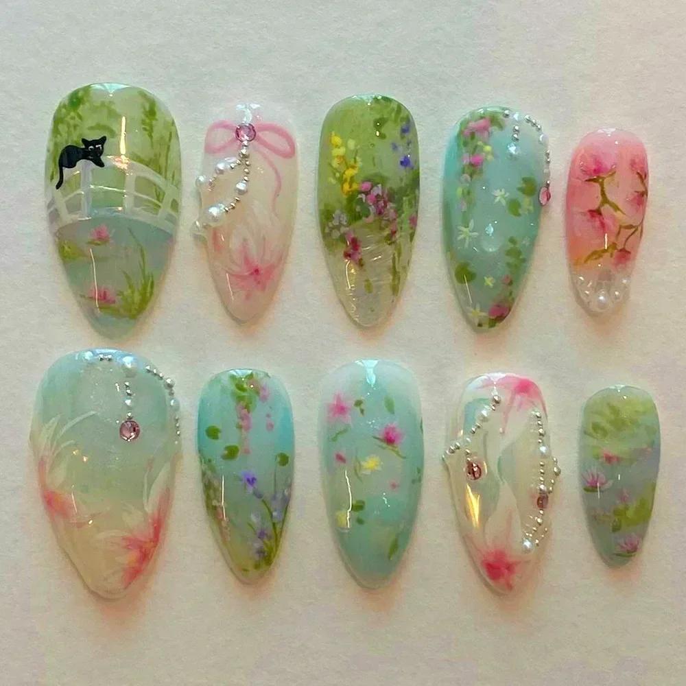 24Pcs French Almond False Nails Pink Stiletto Press On Nails With White Edge Design And Glue Simple Wearable Nail Tips