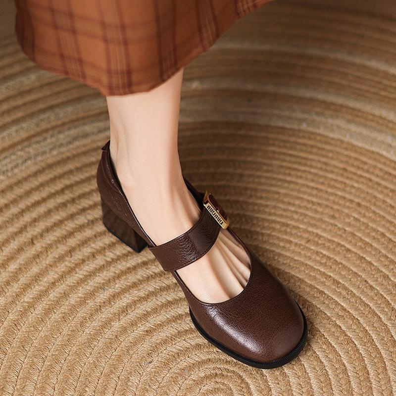 Modne NOWE Wiosna/Jesień Damskie Czółenka Buty z Prawdziwej Skóry dla Kobiet Okrągły Czubek Gruby Obcas Buty Zwięzła Klamra Paska Buty Mary Janes