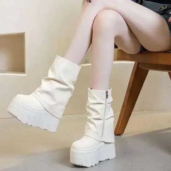 

Модные 14 см новые ботильоны обувь из натуральной микрофибры кожаные ботинки 2025 зимние женские мотоциклетные ботинки на платформе женские модные ботинки 37 бежевый