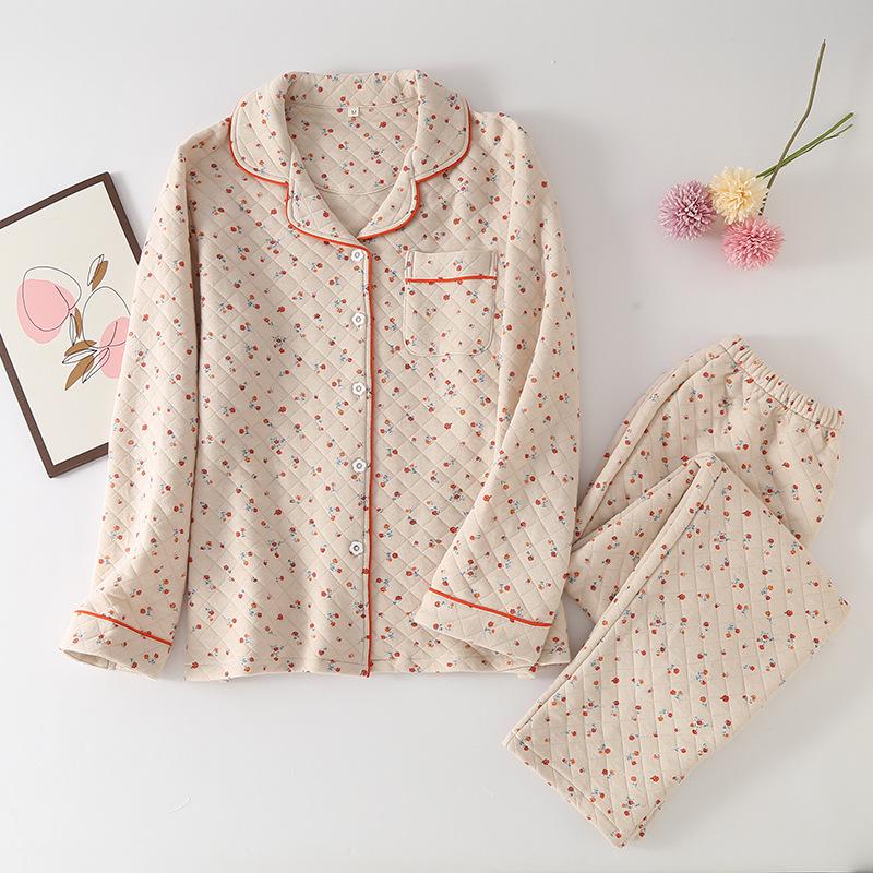 Damen Stepp-Baumwoll-Pyjama-Set - Cardigan & Lange Hose für Herbst/Winter