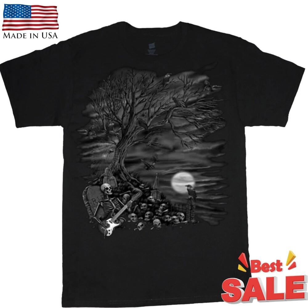 

Skeleton Guitar Graveyard T Shirt Gothic Horror Moon Dark Art Graphic Tee Unisex T-Shirt XXXXL