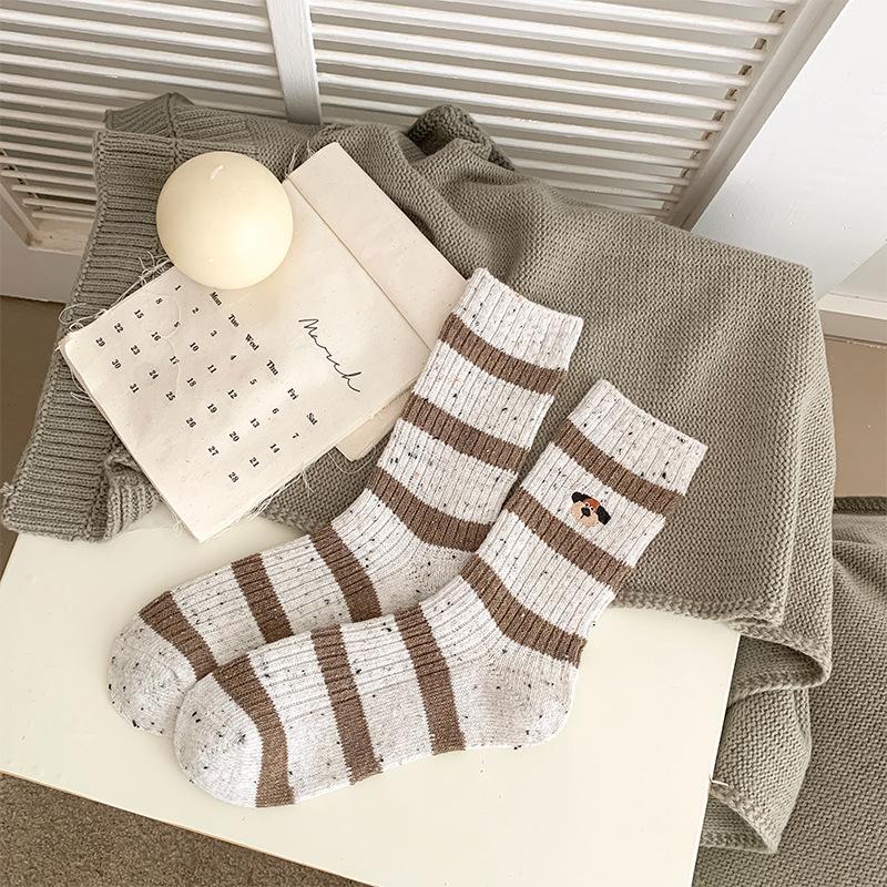 

2025 A/W Women s Striped Embroidered Puppy Mid-Calf Slub Yarn Wool Socks - Warm & Thick One Size