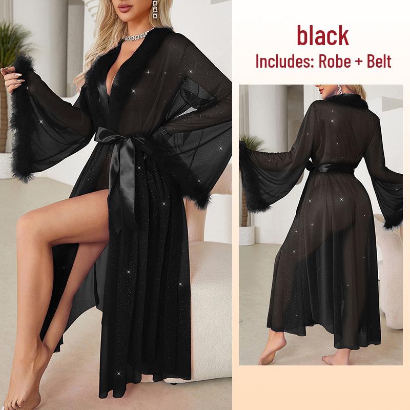 

Женский пижамный набор Fiyun из серебристого шелка и халат - Легкая роскошь, Длинный рукав, Пушистый, Охлаждающий на ощупь, Домашняя одежда One Size чёрный