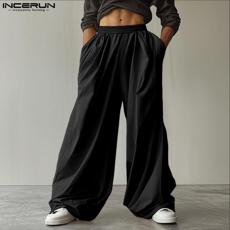 INCERUN Men Casual Loose Elastic Waist Long Wide Legs Pants Trousers