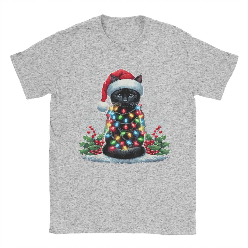 Black Cat Christmas Santa Hat Funny Meowy Cat T-Shirt Man Streetwear T-Shirts O Neck Tee Shirt Hot Sale Oversized Clothing